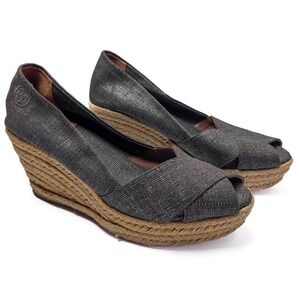 Tory Burch Wedge Sandals Dark Grey Canvas Woven Jute Platform Cross Slip On Sz 9